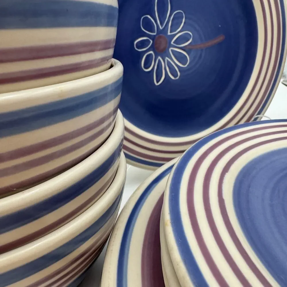 Vintage Pfaltzgraff Baja Salad Plates Set/4 Blue with Flower Center